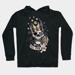 Sell Your Soul! Or don't? A Vintage Smoking Skull with Money, Playing Cards, Dice, Horns, Crown and Roses. Hoodie